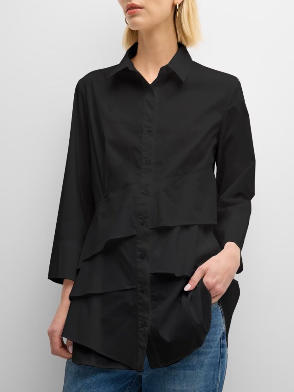 Finley Jenna Black Ruffle Poplin Button Down Top XS Quiet Luxury Office Chic